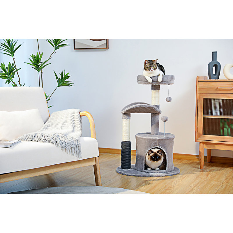 Petit arbre à chat pour chat d'intérieur, tour de chat moyenne avec jouet pour chat interactif, condo pour chat 32,7 po avec brosse auto-toilettée, griffoir naturel pour chat, boules pendantes pour petits et moyens chats
