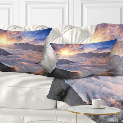 Bright Sun in Misty Mountains - Landscape Printed Throw Pillow