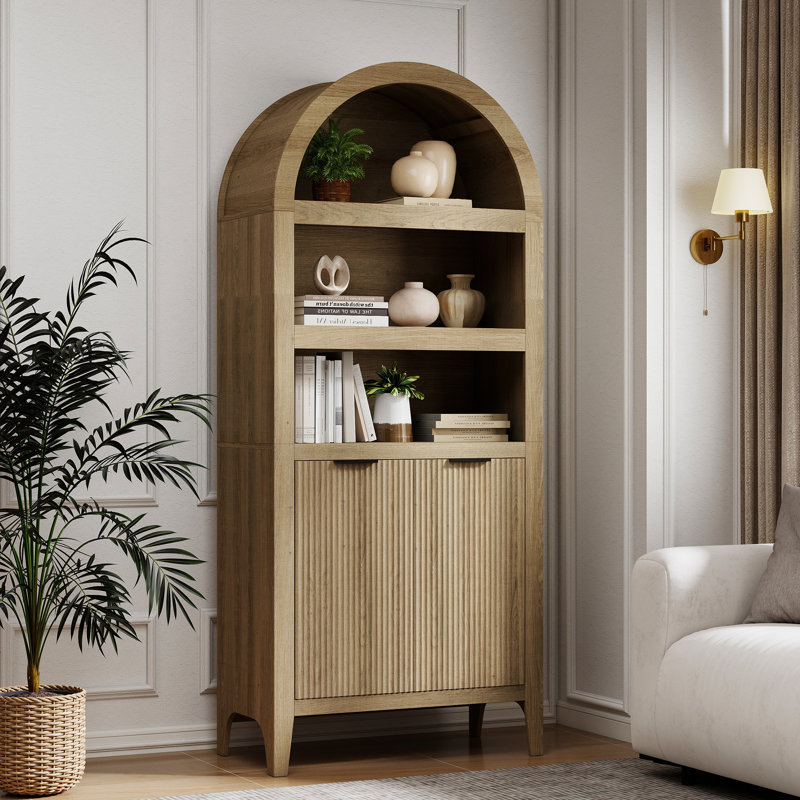 Shazier 5 Tiers 72" Arched with Fluted Doors Bookcase, Cabinet Floor Standing Bookshelf, Oak