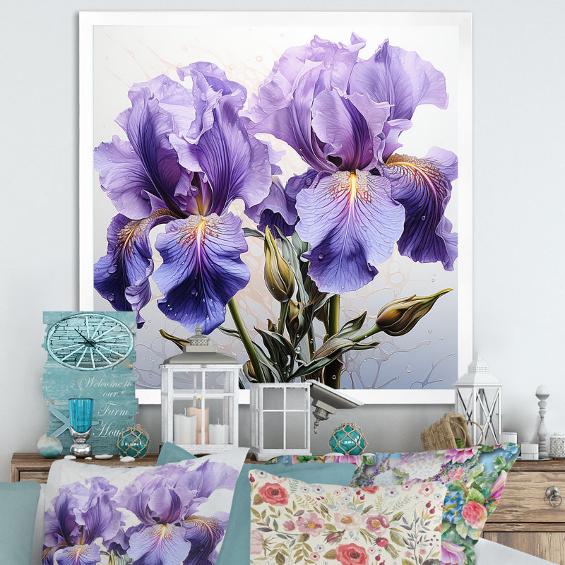 Mauve iris, splendeur réaliste - Art mural iris, H 36 po x l 36 po x P 1,5 po, Cadre simple blanc