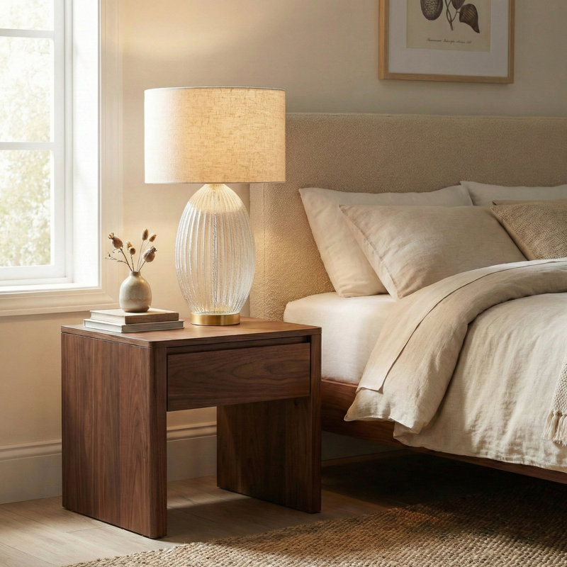 Ribbed Glass Lamp Base Bedside Table Lamp and Shade