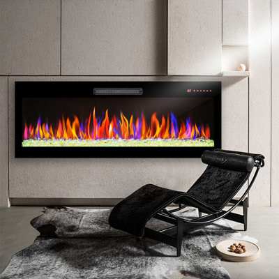 Cheminée électrique murale de 60 pouces, flamme multicolore, chauffage 1400 W, télécommande, fini peinture époxy, fonction minuterie, commande à distance
