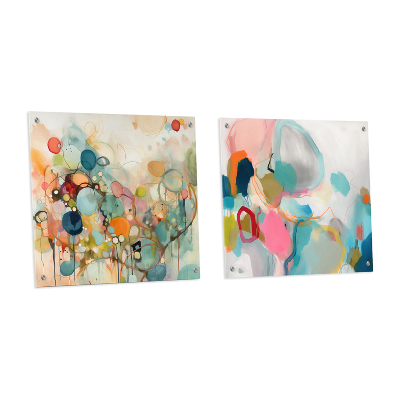 «Pink Blue Minimalims Fludity I», ensemble de 2 verres muraux abstraits en acrylique, H 36 po x l 73 po