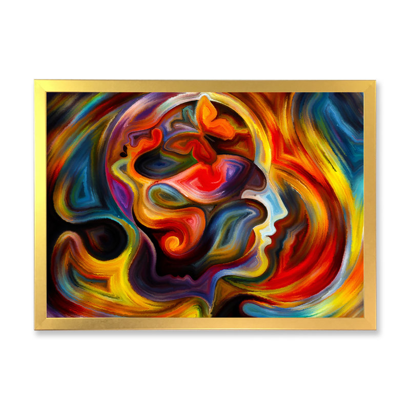 Visage sortant de coups de rouge et de jaune - Peinture sur toile, H 24 po x l 32 po, Cadre doré