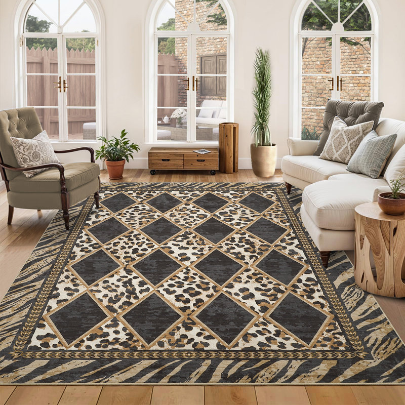 Animal Print Machine Washable Rugs for Living Room Bedroom Non Slip Soft Low Pile Checkered Indoor Carpet for Dining Room