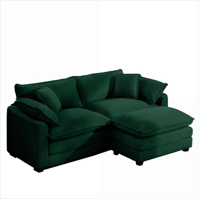 Sofas | Modern L-Shaped 2-Seater with Ottoman, For Small Living Spaces &amp; Apartments | Green | Corduroy