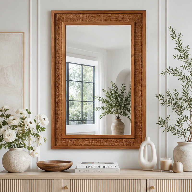 Rattan Rectangle Solid Wood Frame Mirror, 24"x36", Natural Wood