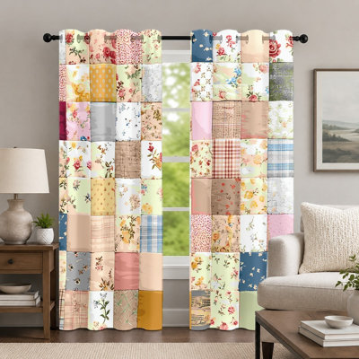 2Pcs Vintage Patchwork Curtains, Floral Plaid Pattern Curtain, Rustic Farmhouse Style Printed Art Grommet Drapes, Window Treatment for Bedroom Living Room Decor
