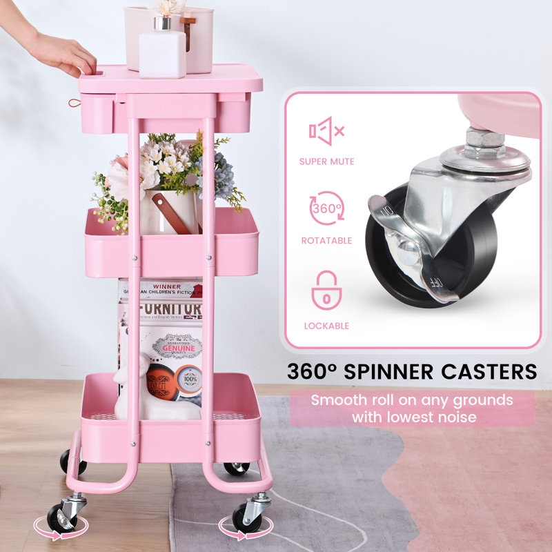 Utility Cart with Wheels,Metal Cart,3 Tier Rolling Cart With Drawer & Table Top,Bathroom Cart,Salon Trolley Cart,Kitchen Storage Cart