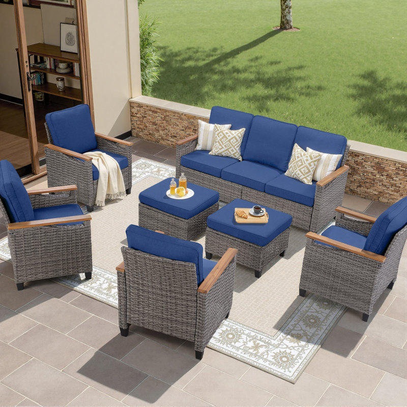 7 Pieces Wicker Outdoor Furniture Set, 7-Person Sofa Seating Group With Armchairs & Side Table, All-Weather PE Rattan Outdoor Conversation Set For Courtyard, Garden, Deck, Blue, Beige