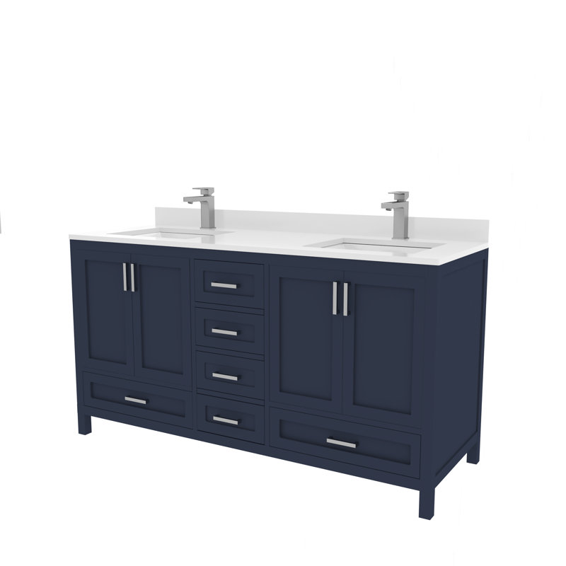 Ensemble de meuble-lavabo double autoportant 60 po avec plateau en quartz blanc et miroir Rooh, Bleu marine
