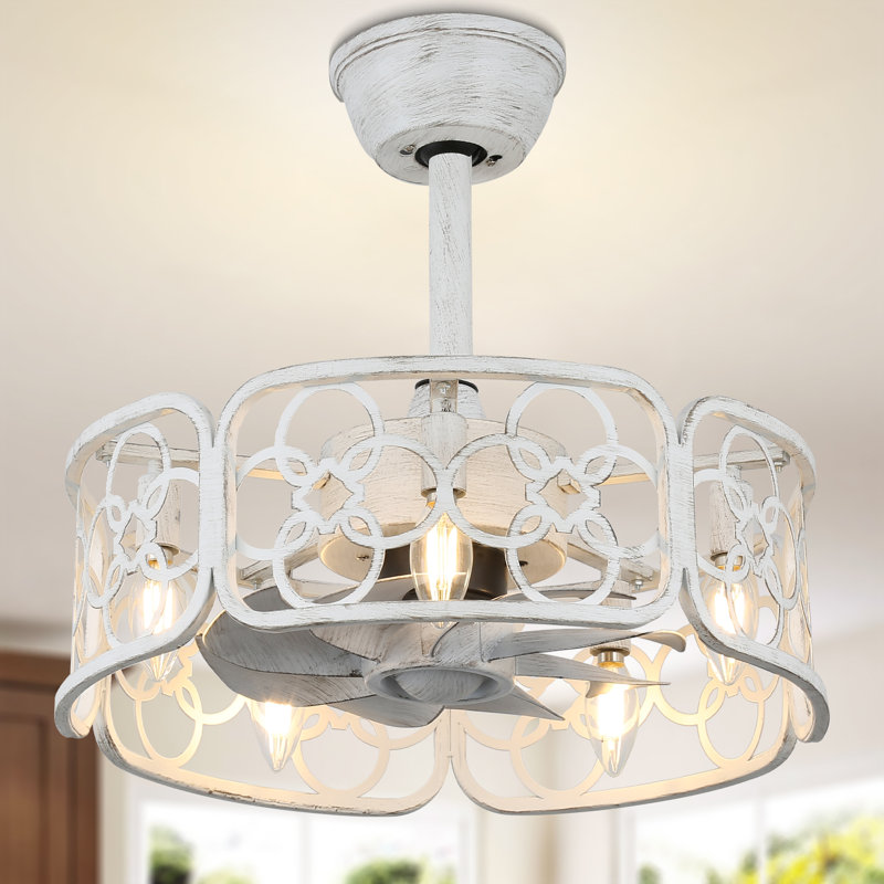 Anaisa 18" Distressed White Farmhouse Caged Ceiling Fan with Light and Remote, Reversible Fandelier Ceiling Fan
