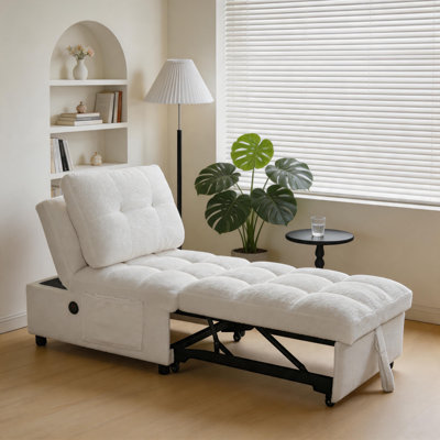 Fauteuil convertible blanc Teddy avec port USB, dossier réglable