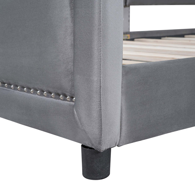 Lit de jour simple rembourré avec tête de lit à rayures classique, Gris