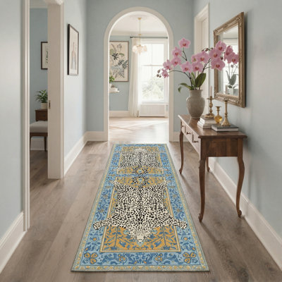Alinda Savanna Animal Print Machine Washable Blue / Yellow / Beige Indoor Area Rug with Non-Slip Backing