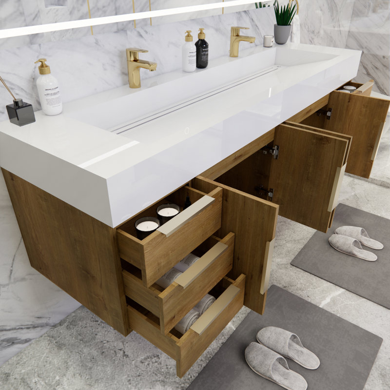 Ensemble de meuble-lavabo double mural 71 po Thomason, Blanc brillant, Chêne