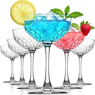 Coupe Glasses Set of 6, Diamond Style Classic Crystal Glass Martini Glasses