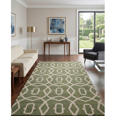 Vert | Tapis d'intérieur beige géométrique en laine noué à la main