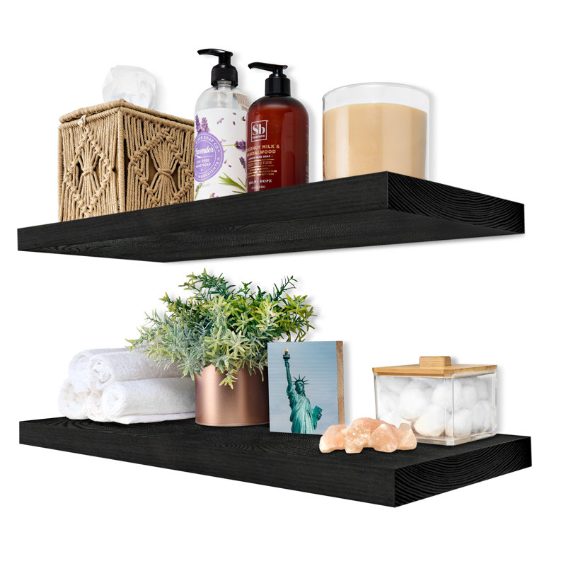 Sorbus Wood Floating Shelves for Wall - Long 24” Solid Wood Wall Shelves for Bathroom Decor, Books, Bedroom & Living Room - Set of 2. Black