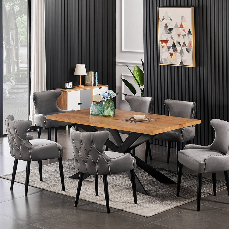 Ricky 6 Person Dining set - a Rectangular Wooden Dining Table with Metal Legs and a Set of 6 Quilted Velvet Dining Chairs for Dining Room - Modern Dining Table Set