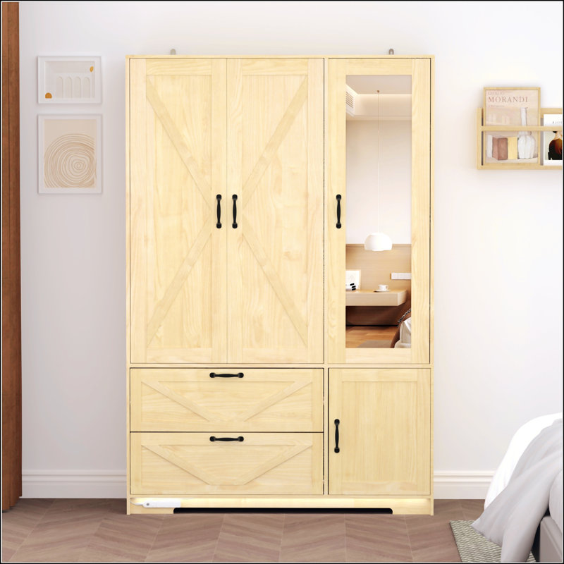 Armoire 4 portes avec miroir et DEL, armoire de rangement en bois avec tablettes réglables et 2 tiroirs, finition naturelle