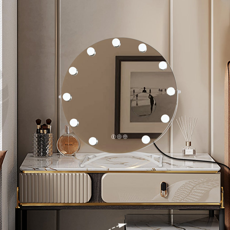 Large and Bright LED Metal Mirror Touch Dimmable Swivel Tabletop Mirror Hollywood Round lighted Makeup Mirror with 11 bulbs and 3x Magnification