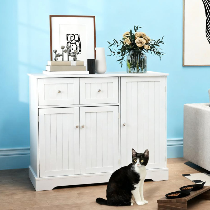 Enceinte de litière pour chat 39,2 "X 31,5" en blanc, table d'appoint double fonction et, pour la plupart des petites boîtes, contrôle des odeurs, tablette de tiroir pour les articles de chat