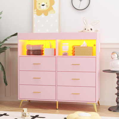 Changing Table Dresser with Drawers – Baby Dresser with Changing Top, Power Outlet, LED Light & Metal Feet, Nursery Organizer for Infants & Newborns
