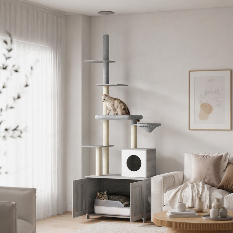 Arbre à chat avec bac à litière, bac à litière 2 en 1 pour chat, lit, hamac, poteaux à griffes et plateformes pour l'intérieur
