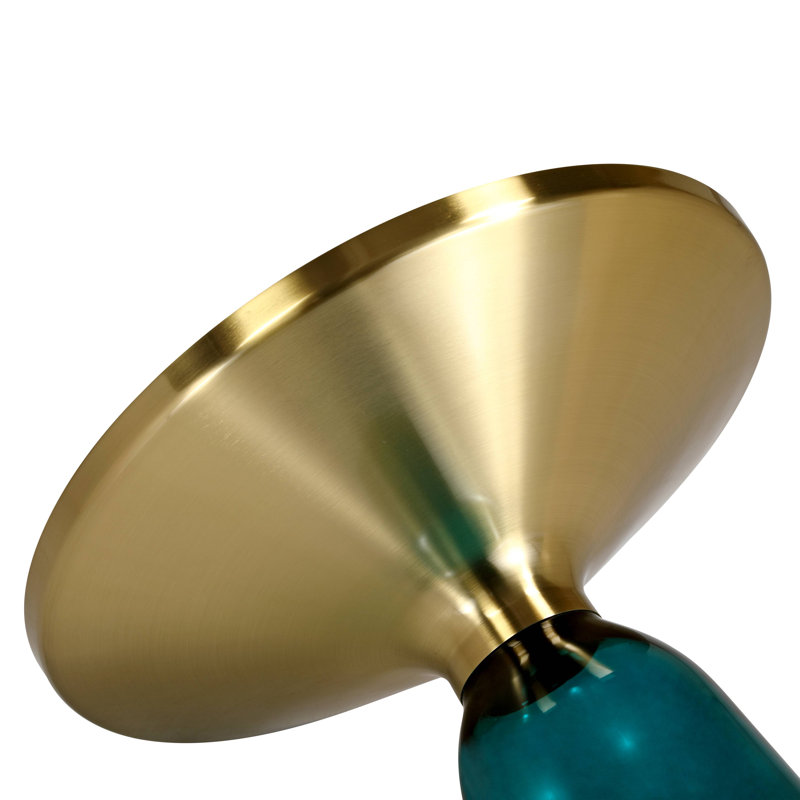 19" Round Side End Table Glass/Sintered Stone Top With Brushed Gold Rim And Tempered Glass Base, Blue, White Stone