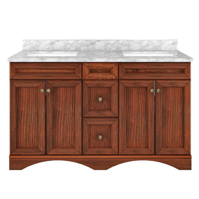 60'' Free-standing Double Bathroom Vanity in Brown with Carrara Marble Vanity Top and Backsplash