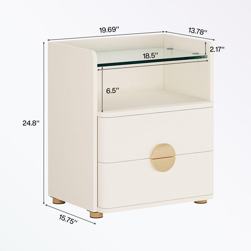 Table de chevet 2 tiroirs avec plateau en verre trempé et tablette ouverte