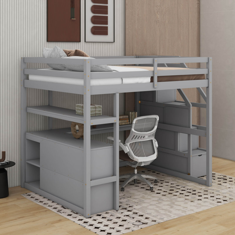 Lit mezzanine double avec bureau et tablettes, Gris