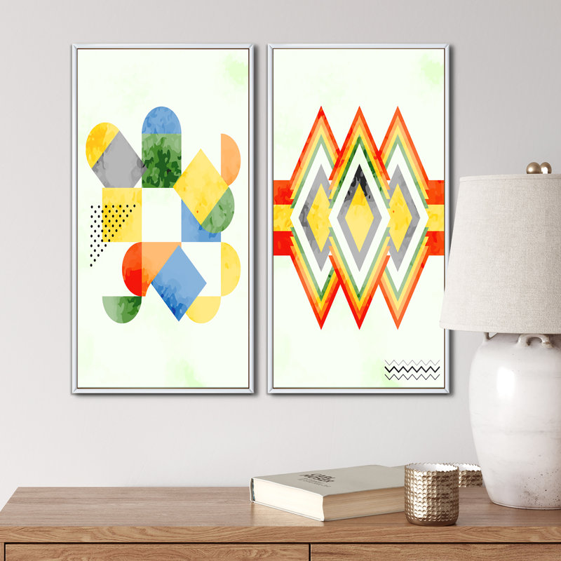 «Abstract Retro Geometrics IV», ensemble de 2 impressions, H 32 po x l 32 po x P 1 po, Toile avec cadre blanc