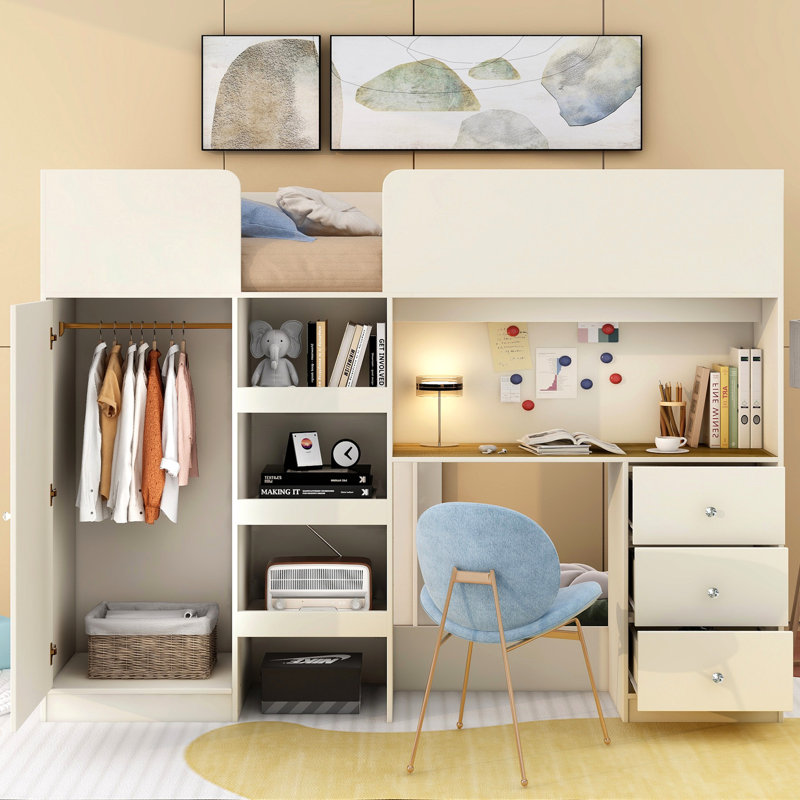 Lit mezzanine en bois beige avec bureau, garde-robe et rangement
