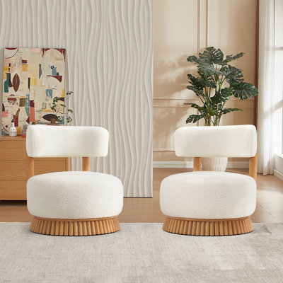 Boucle Upholstered Accent Chair with Wood Slat Base Modern Cottage Style (Set of 2)