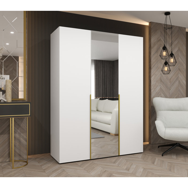 Wardrobe Cante 2, Mirror, Standard Doors, 202 H x 150 W x 52 D, white matt + handles: gold