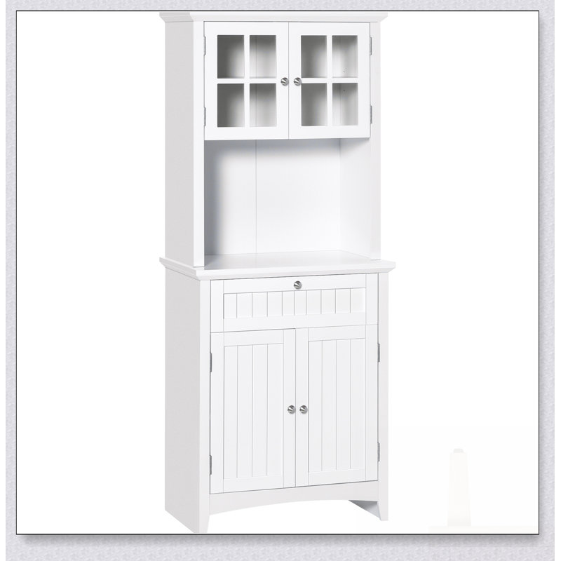 Élégant buffet avec huche, armoire de rangement pour garde-manger avec porte vitrée encadrée, tiroir et espace pour micro-ondes, blanc