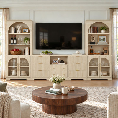 5 Piece Arched Media Wall Unit, Manufactured Wood Entertainment Center Combo with 2 Arched Accent Bookcases  3 Storage Cabinets, Living Room TV Wall
