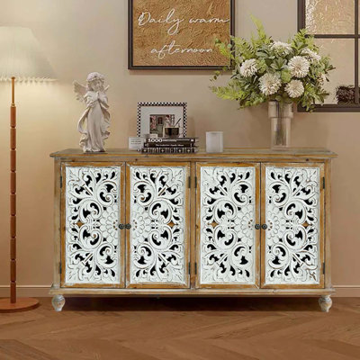 Armoire décorative 4 portes - patiné pour le salon, la salle à manger. Porte de rangement fonctionnelle et fabriquée à la main. Finition peinte, patinée, attrayante