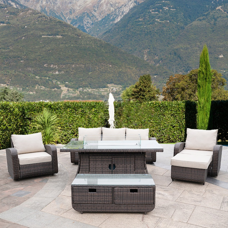 Ensemble de conversation en osier / rotin pour 6 personnes avec coussins Woodbridge, Brun