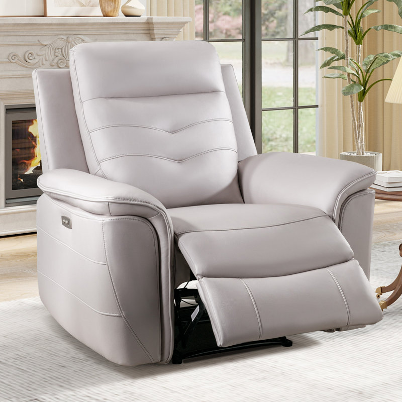 Jong 39.4" Wide Modern Premium Vegan Faux Leather Recliner Chair with Single Motor and USB (Set of 2), Light Gray