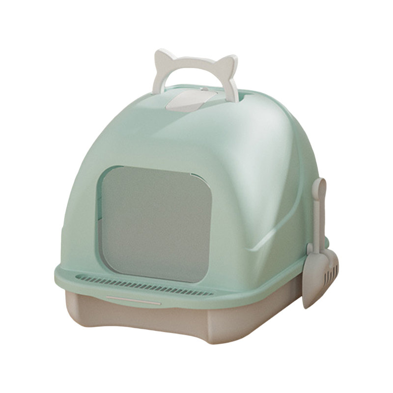 Grand bac à litière pour chat avec couvercle fermé et bac à litière avec toilette pour chat, Bleu / Orange