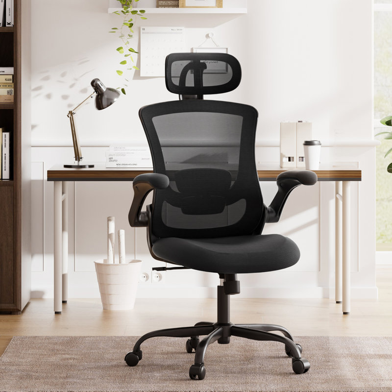 Inbox Zero Ergonomic Mesh Office Chair with Flip-Up Arms, Adjustable Height & Lumbar Support - Breathable Task Chair