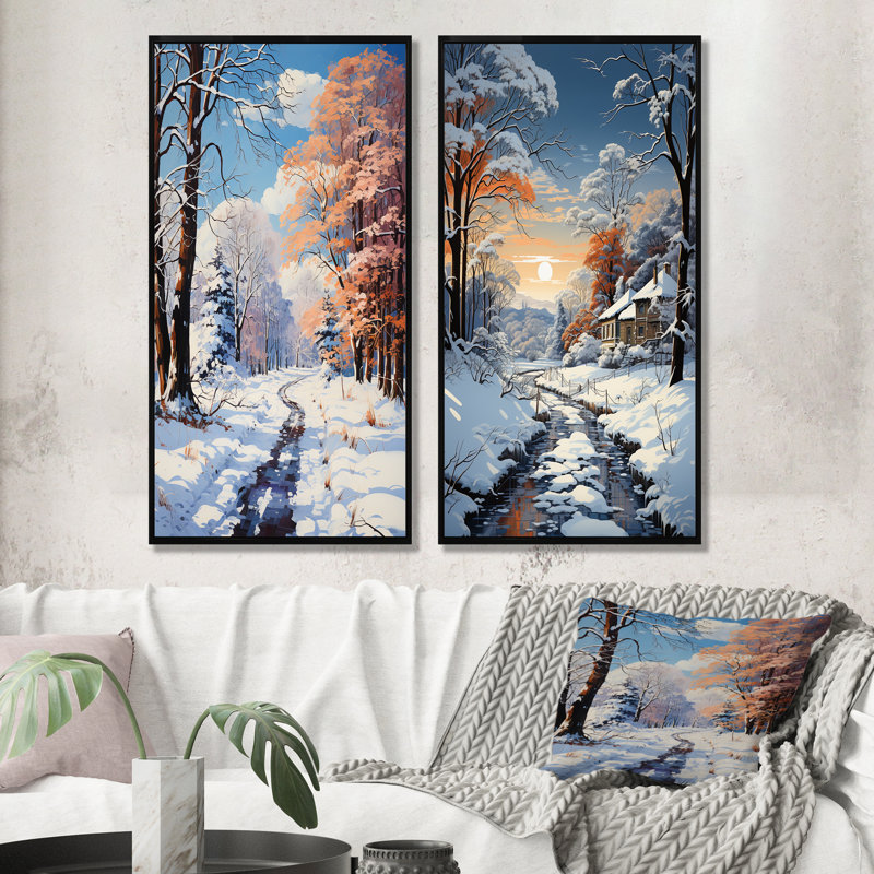 Chemin dans la forêt d'hiver I - paysage d'hiver, ensemble de 2 impressions sur toile, Cadre flottant noir, H 32 po x l 33 po