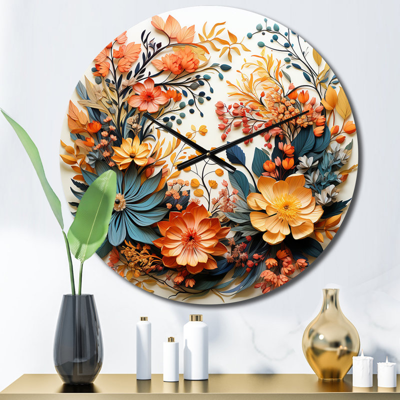 Horloge murale beige et orange à couronne de fleurs III, Moyenne