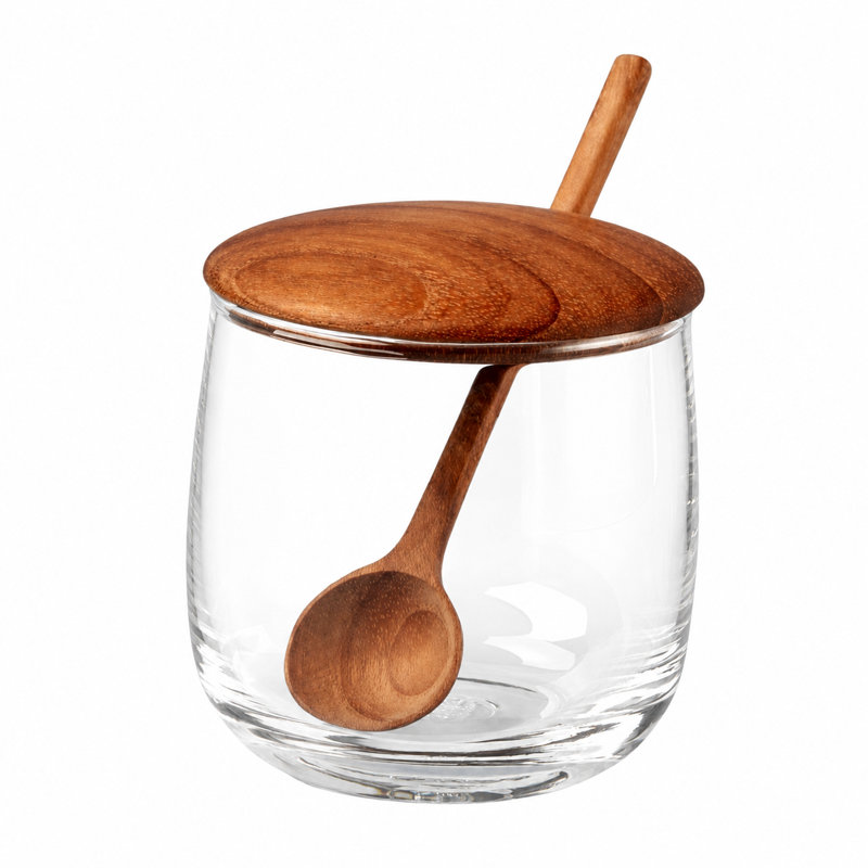 Pot en verre avec couvercle en teck et cuillère