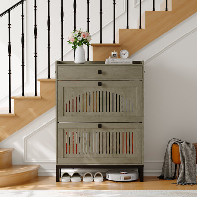 Modern Shoe Cabinet with 2 Turn Drawers - Adjustable Shelves & Space-Saving Hidden Storage - Freestanding Entryway Organizer, Natural Wood