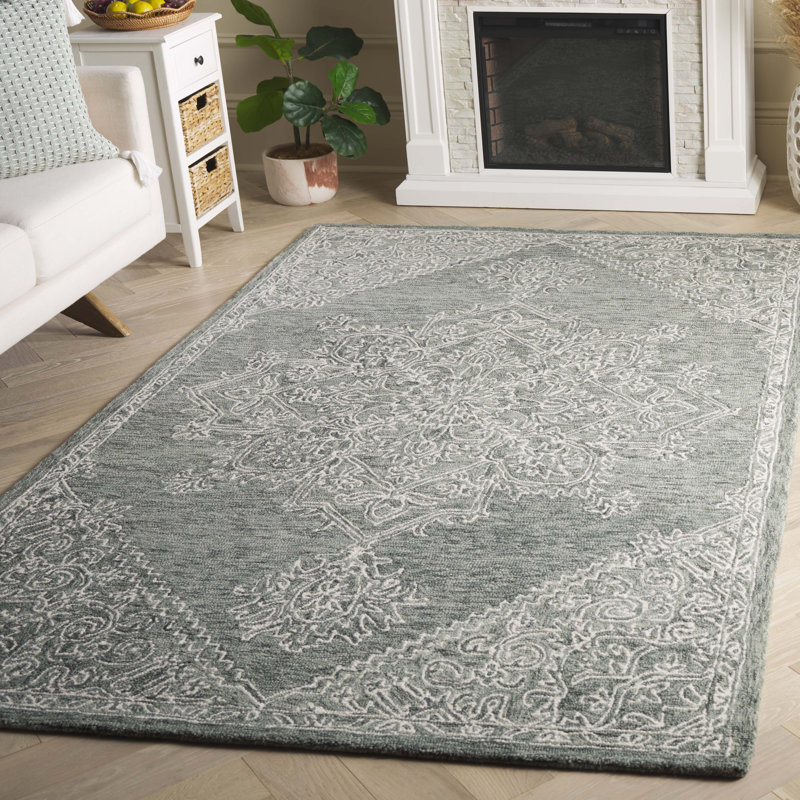 Tapis en laine / coton touffeté à la main Niti - vert / ivoire, Rectangle 5 pi x 8 pi