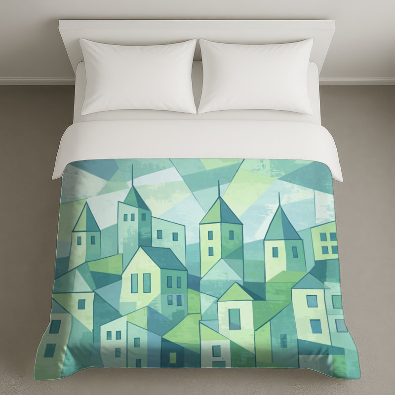 Housses de couette cubistes, paysage urbain, Très grand lit, Light Mint and Teal